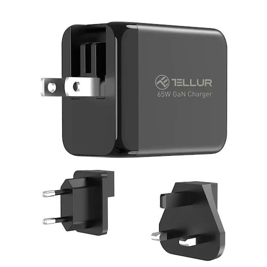 Tellur Φορτιστής Χωρίς Καλώδιο GaN με Θύρα USB-A και 2 Θύρες USB-C 65W Μαύρος (TLL151451)