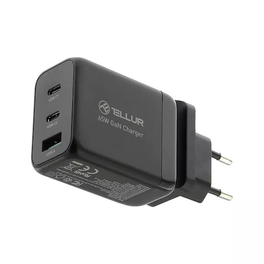 Tellur Φορτιστής Χωρίς Καλώδιο GaN με Θύρα USB-A και 2 Θύρες USB-C 65W Μαύρος (TLL151451)