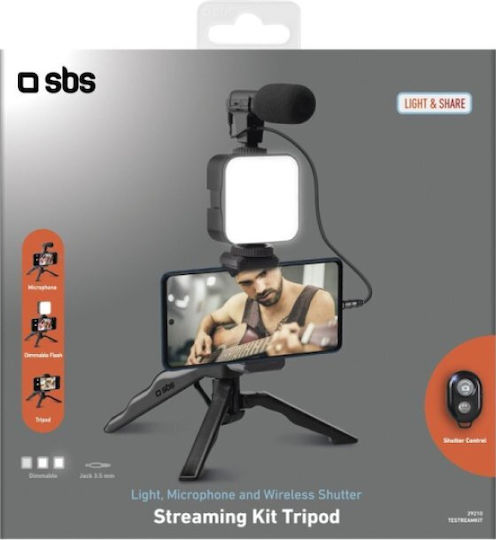 SBS Streaming Kit Selfie Stick Τρίποδο Κινητού με Φωτισμό Μαύρο