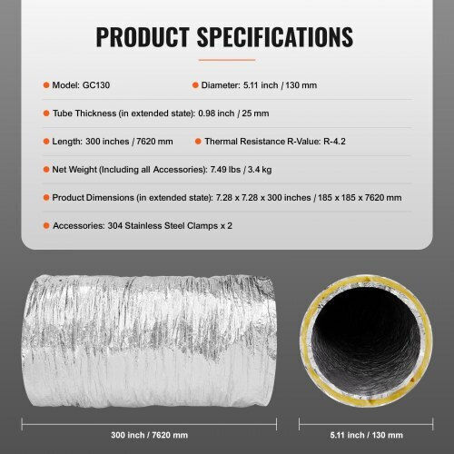Furtun flexibil pentru uscător Vevor 127mm izolat 7.62m 2 cleme durabile protecție triplă Hvac R-4.2 rezistență la flacără Ntjygd25ft5g9rw3ev0