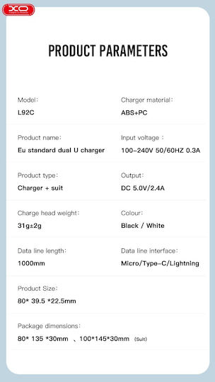 XO Încărcător cu 2 Porturi USB-A și Cablu micro USB Albς (L92C)