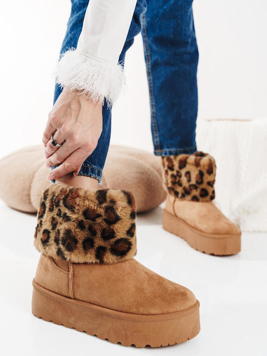 Tan Chic Fur Platform Ankle Boots