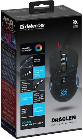 Defender Draglen GM-907 RGB Gaming Ποντίκι 7200 DPI Μαύρο