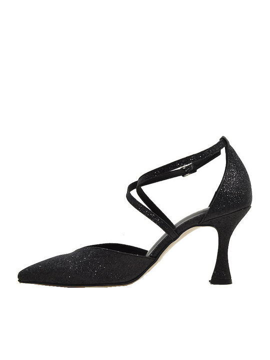Black Glitter Heels with Strap