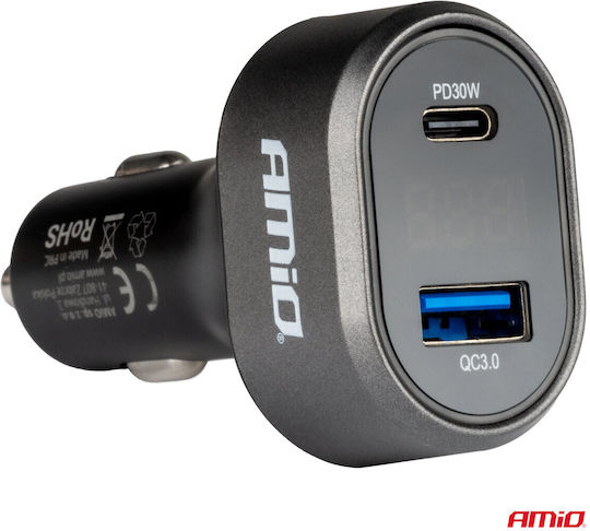 AMiO Car Charger Black Fast Charging with Ports: 1xUSB 1xType-C with Cable Embedded