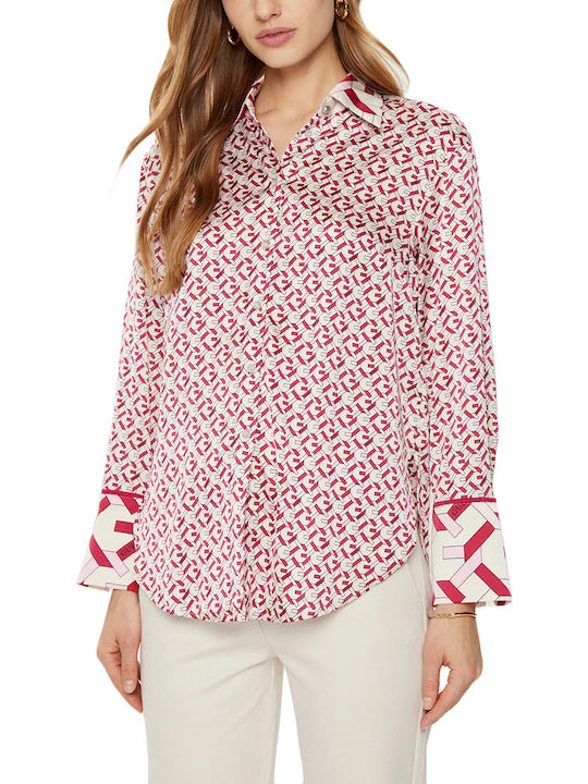 Women's Satin Long Sleeve Shirt Ecru, Red, Pink