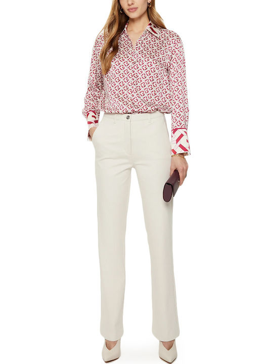 Women's Satin Long Sleeve Shirt Ecru, Red, Pink