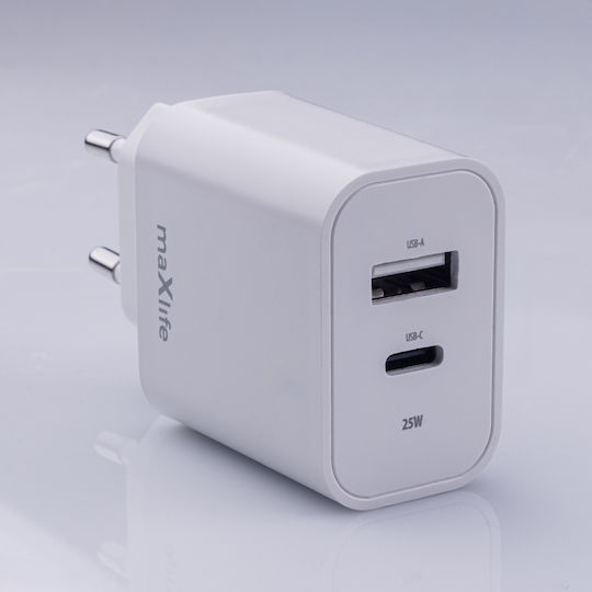 Maxlife Charger Without Cable with USB-A Port and USB-C Port 25W Power Delivery Whites (MXTC-06-25AC)