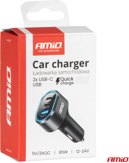 AMiO Автомобилен Заряден Уред 85W Бързо Зареждане с Портове 1xUSB-A 2xType-C Черен Цвят