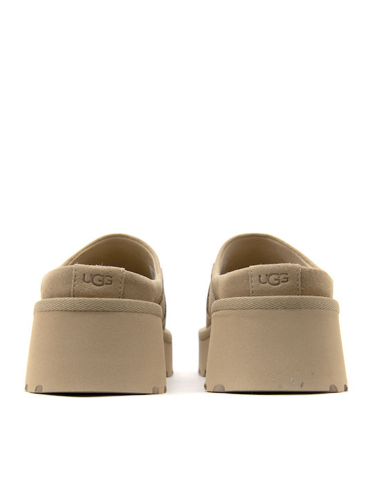 New Heights Sunwave Clogs Suede Mules με Χοντρό Ψηλό Τακούνι σε Μπεζ Χρώμα