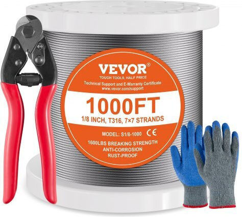 Vevor Stainless Steel Cable T316 1/8" 7x7 1000 Ft Railings Bxggssbxg3163wg03v0