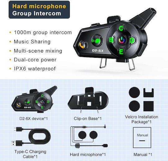 D2-6X Sistem de comunicare pentru motociclete cu un singur căști cu Bluetooth