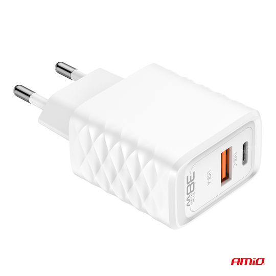 AMiO Încărcător Fără Cablu GaN cu Port USB-A și Port USB-C 38W Livrarea energiei Albς (04287)