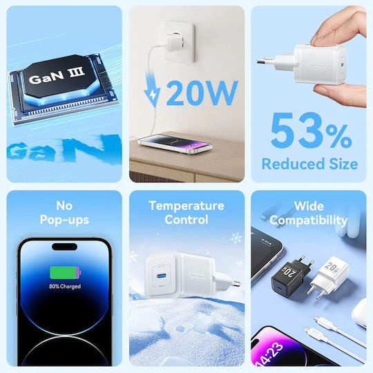 Vention Φορτιστής GaN με Θύρα USB-C και Καλώδιο USB-C - Lightning 20W Power Delivery Λευκός (TZ-FEPW0-EU-02)