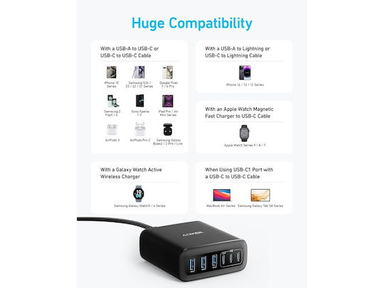 Anker Anker Βάση Φόρτισης με 3 Θύρες USB-A και 3 Θύρες USB-C και Καλώδιο USB-C 112W Stromlieferung / Schnellladetechnologie σε Schwarz Farbe (A2154G11)