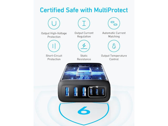 Anker Anker Βάση Φόρτισης με 3 Θύρες USB-A και 3 Θύρες USB-C και Καλώδιο USB-C 112W Stromlieferung / Schnellladetechnologie σε Schwarz Farbe (A2154G11)