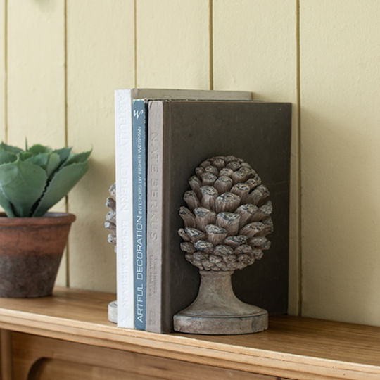Artekko Pine Cone Βιβλιοστάτες Κουκουνάρα Ρητίνης Γκρι 23.5x18.5x15.5 Cm Σετ/2