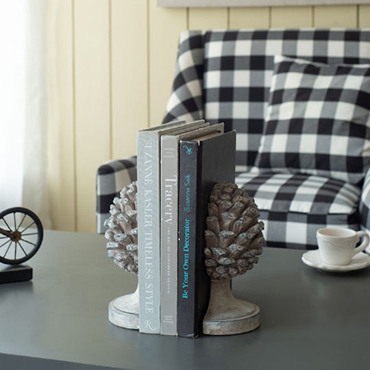 Artekko Pine Cone Βιβλιοστάτες Κουκουνάρα Ρητίνης Γκρι 23.5x18.5x15.5 Cm Σετ/2