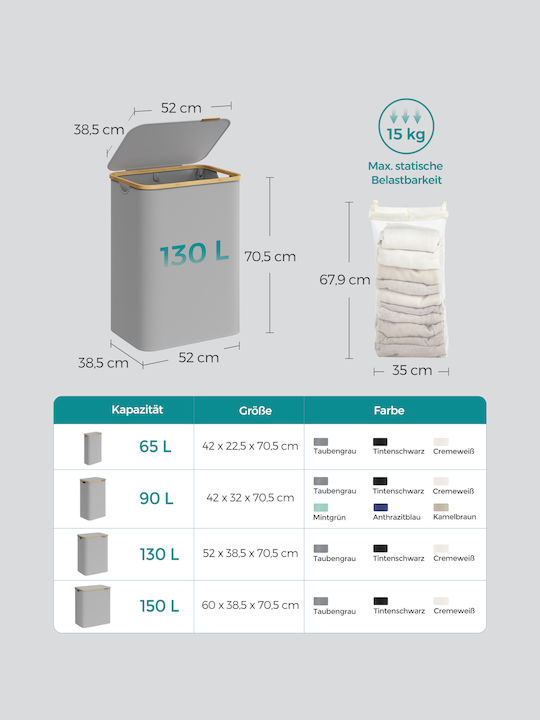 Songmics Καλάθι Απλύτων Υφασμάτινο Πτυσσόμενο 52x38.5x70.5cm Γκρι