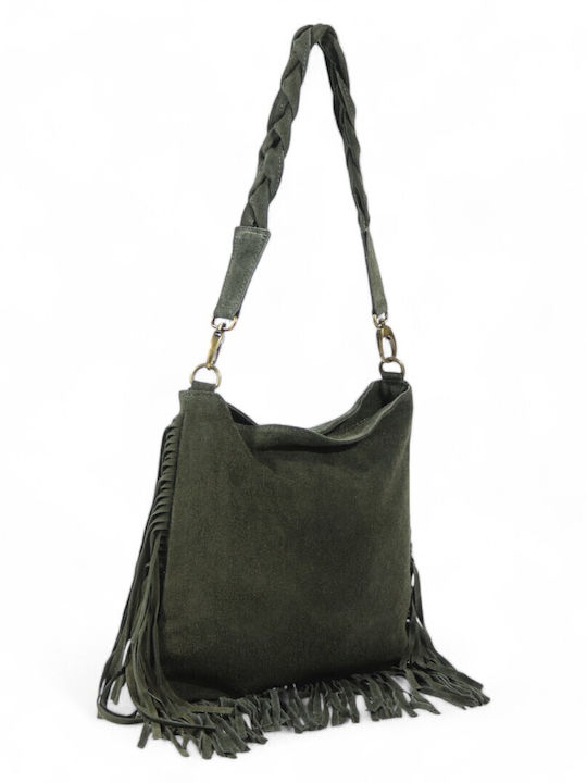 Damen-Schultertasche aus Leder und Wildleder mit Fransen in Olivgrün