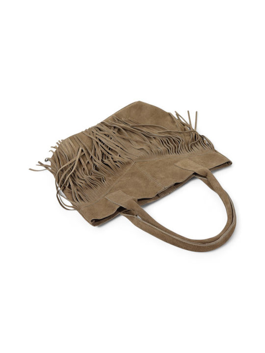 Damentasche aus Leder mit Wildleder und Fransen Taupe