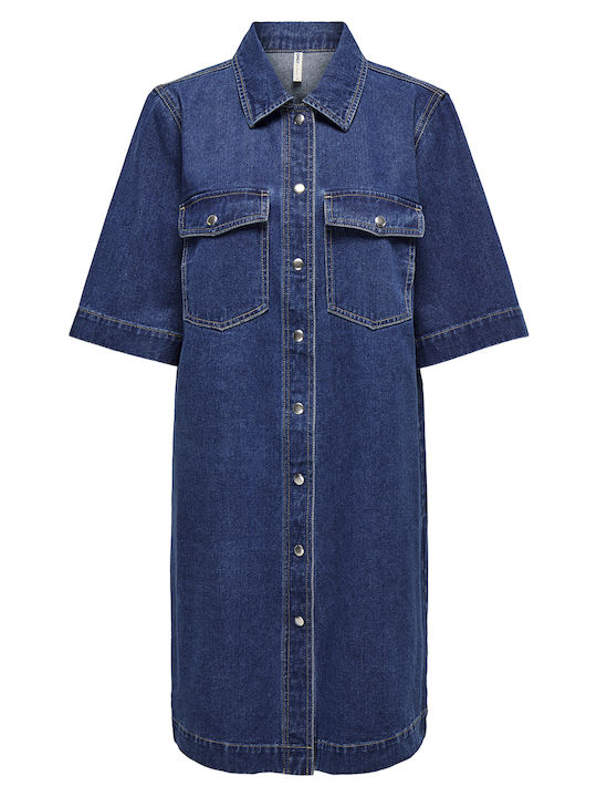 Summer Mini Shirt Dress Denim Dark Blue Denim