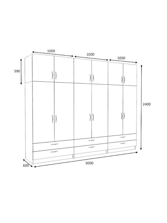 Six Door Wardrobe Victoria with Loft White 300x60x240cm