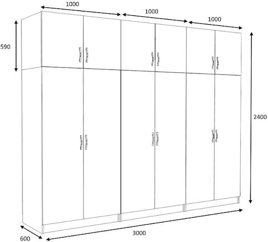 Six Door Wardrobe Victoria with Loft Natural Beech 300x60x240cm
