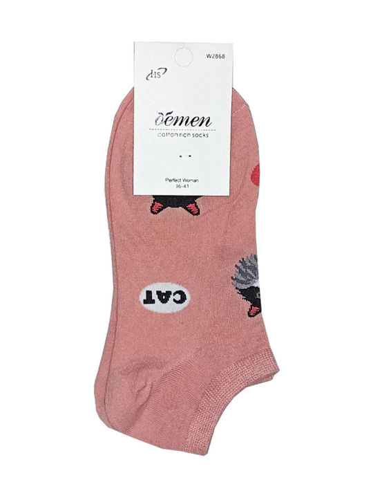 Demen Set 3 Γυναικείες Κάλτσες Σοσόνι Cats Βαμβάκι Normal Fit Λευκό Μαύρο Ροζ