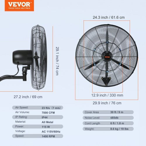 Ανεμιστήρας Τοίχου 115W Διαμέτρου 61.6cm Μαύρος