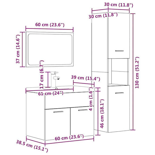 vidaXL Countertop with Sink, Mirror & Column L61xW18xH39cm Grey Concrete