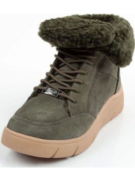 Stelvio Ghete Dama De Piele Ankle Boots Cu Platformă Și Blană Kaki