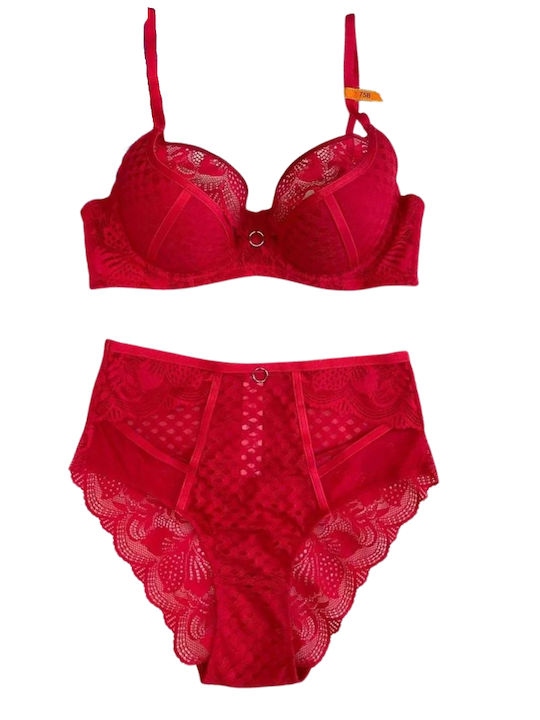 Chicret Essentials Lace Underwear Set with Bra & High Waisted Slip Red
