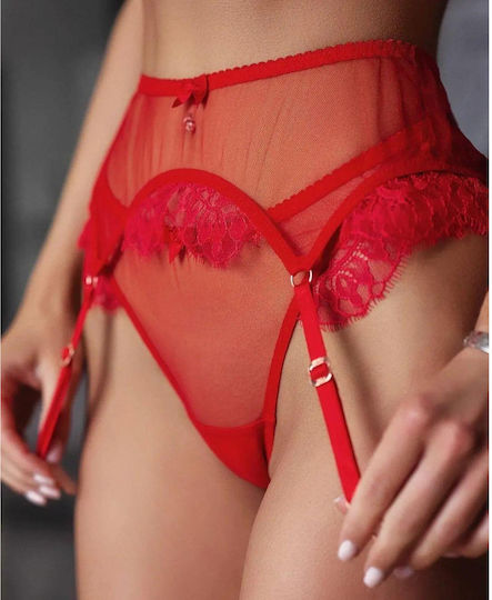 La Lolita Amsterdam Sexy Σετ Εσωρούχων με Δαντέλα & Ζαρτιέρες Κόκκινο 3τμχ