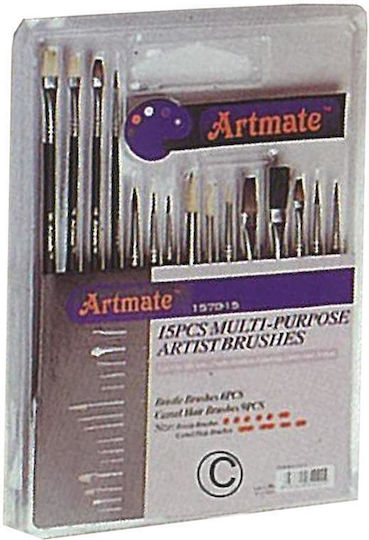 Artmate Σετ Πινέλα Ζωγραφικής Πλακέ & Στρογγυλά (3 Συσκευασίες) 15τμχ