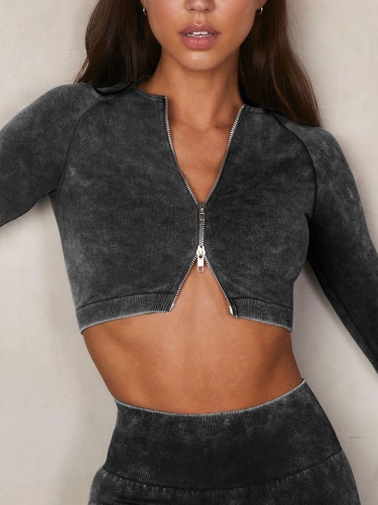 Paulina Γυναικείο Αθλητικό Crop Top Μακρυμάνικο Γκρι