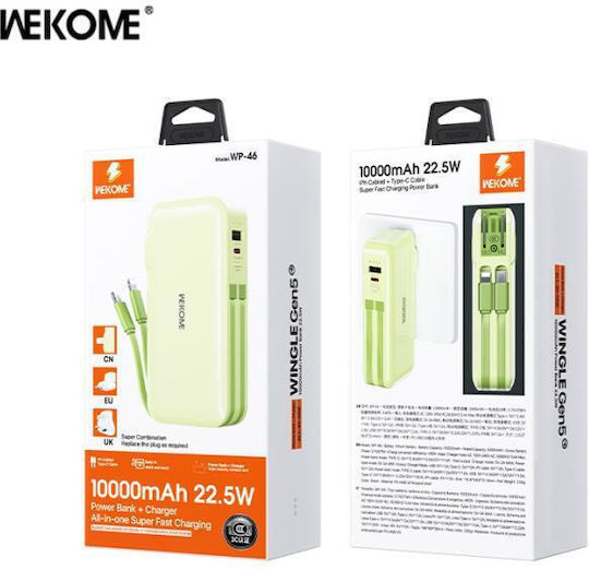 WK WP-46 Power Bank 10000mAh 22.5W με Θύρα USB-A και Θύρα USB-C Πράσινο