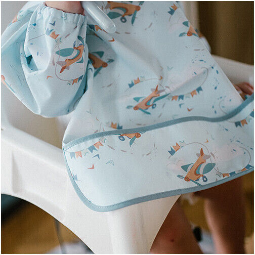 Babyono Plane Waterproof Plastic Coverall with Hook & Loop Fastener Pocket & Sleeves Light Blue for 6 m+