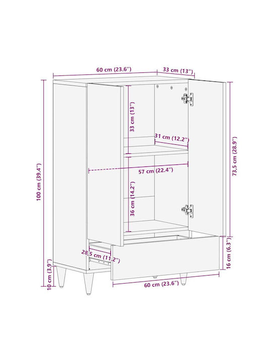 Floor-standing Living Room Display Cabinet made of Solid Wood with Glass Black 60x33x110cm