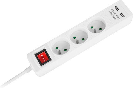 Πολύπριζο 3 Θέσεων με 2 USB-A, Διακόπτη και Καλώδιο 3m Γαλλίας (Type E)