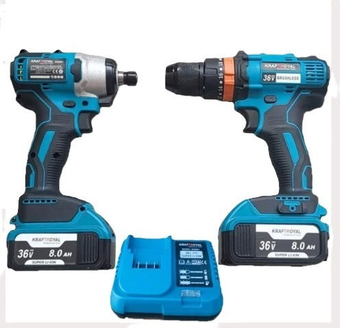Set Drill Driver & Impact Screwdriver Brushless 36V with 2 Batteries 8Ah and Case