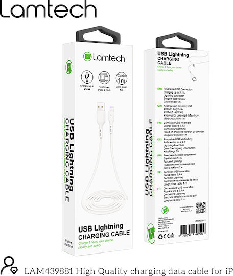 Lamtech Regular USB-A la Cablu Lightning Alb 1m (LAM439881)