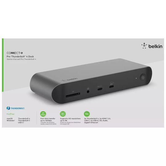 Belkin Connect Thunderbolt 4 Docking Station με HDMI 4K PD Ethernet και συνδεση 2 Οθονών Ασημί