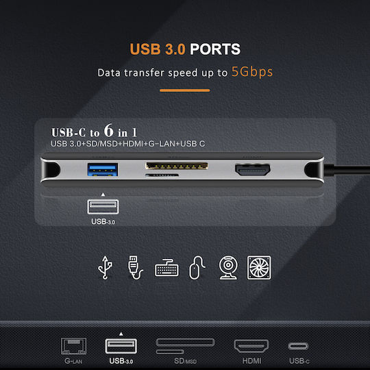 Cabletime CT-CMHD61L USB-C Docking Station mit HDMI 4K PD Ethernet Gray