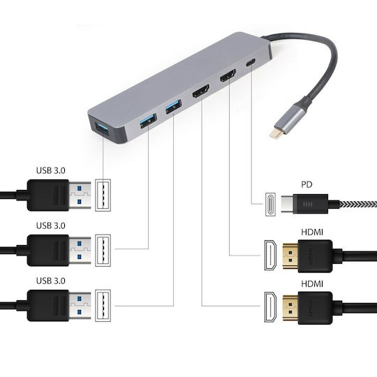 Cablexpert USB-C Docking Station με HDMI 4K PD Γκρι (A-CM-COMBO3-03)
