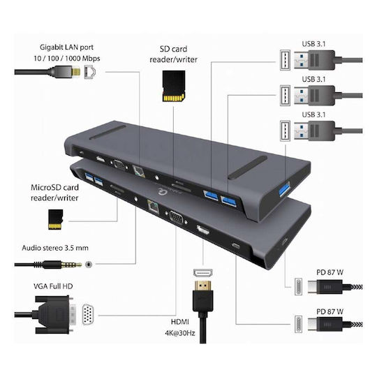 Cablexpert USB-C Docking Station με DisplayPort 4K PD Ethernet Γκρι (A-CM-COMBO10-01)