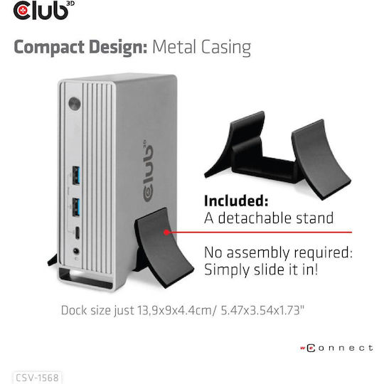 Club3D USB-C Докинг станция с DisplayPort 4K PD Ethernet и свързване 3 монитора Сребрист (CSV-1568)