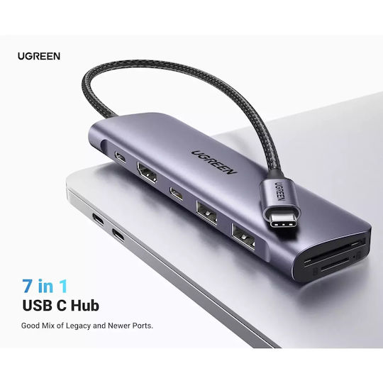 Ugreen CM195 USB-C Докинг станция с HDMI 4K PD Сив