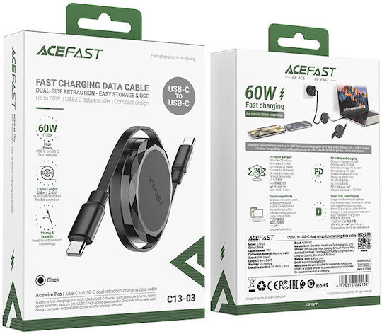 Acefast Cablu Extensibil USB 2.0 USB-C Masculin - USB-C 60W Power Delivery Negru 0.8m