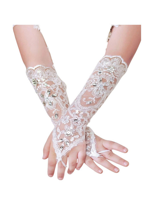 Set de 2 Bucăți Mănuși Oficiale Impresionante din Dantelă Florală cu Plasă și Diamante Strălucitoare & Pietre Prețioase – Alb